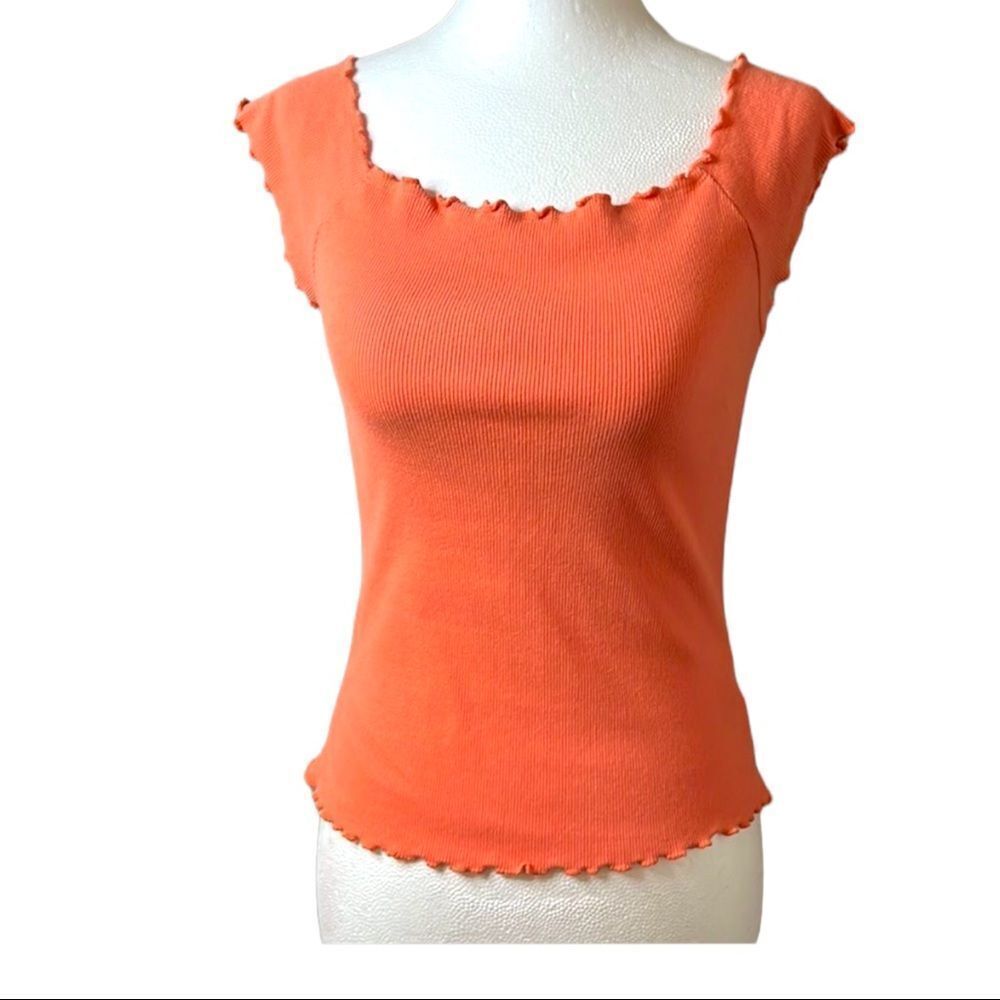𝅺aeropostale pinkish orange crop top scalloped edges baby sleeves ribbed size M